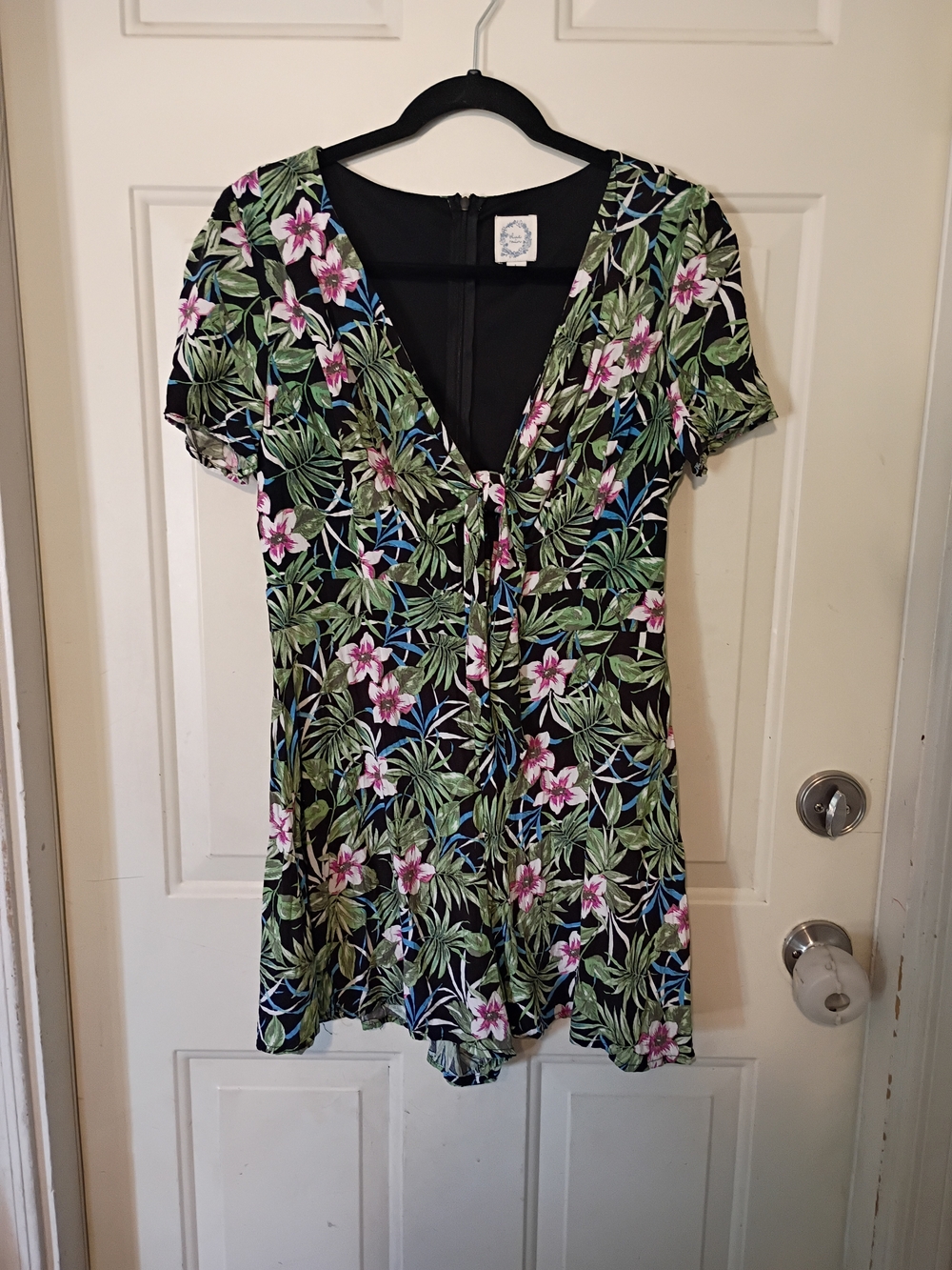 Blue Rain Tropical Print Zipper Back Cutout Design Mid Chest Romper Size Large